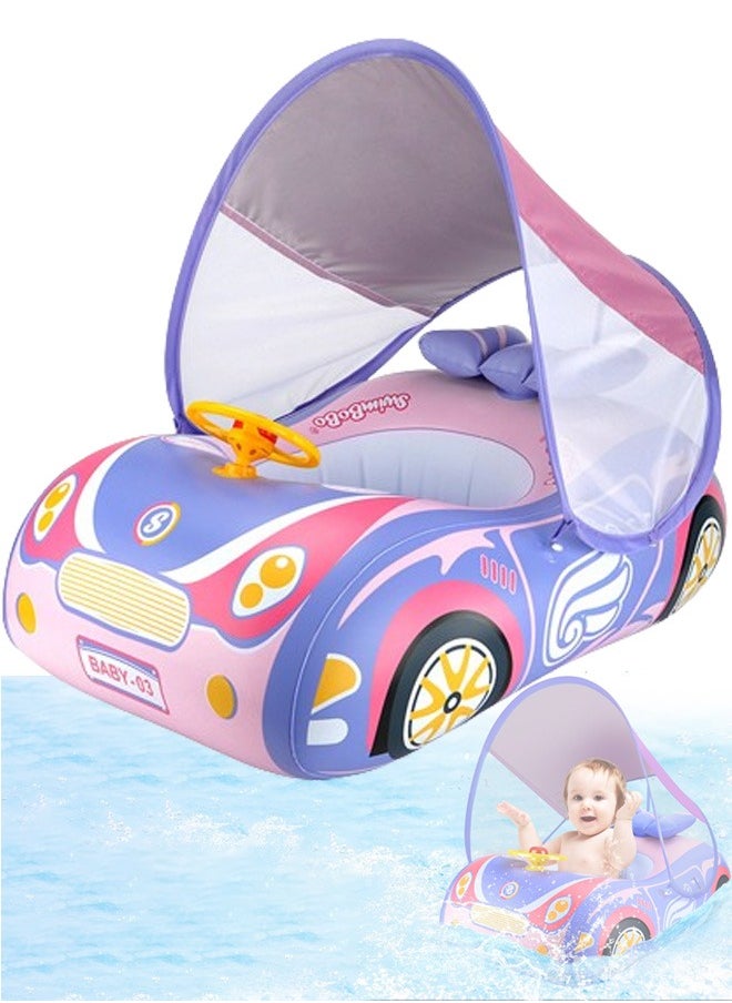 SwimBoBo - Baby Swimming Float Baby Float Inflatable Car Baby Swim Float Baby Floats for Swimming Baby Pool Float with Detachable Sun Protection Canopy and Safety Seat for Kids Aged 12-48 Months (Pink) - Image 1