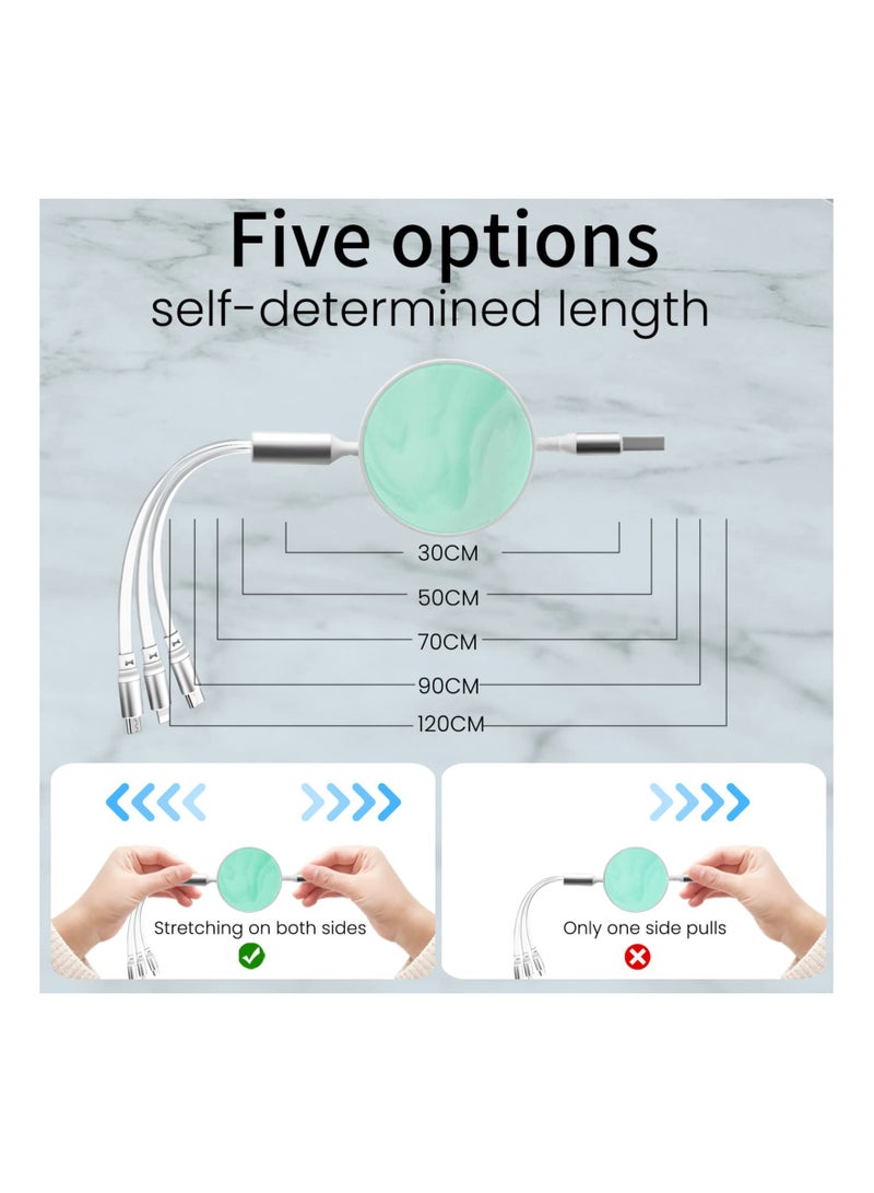 KASTWAVE Retractable Multiple Charger Cable, 3 in 1 Super Fast Charging Cable (IP/USB C/Micro USB), 3.3Ft Multi Cable Fast Charger Cord for iPhone, Samsung, iPad, Tablets, Green Marble - Image 3