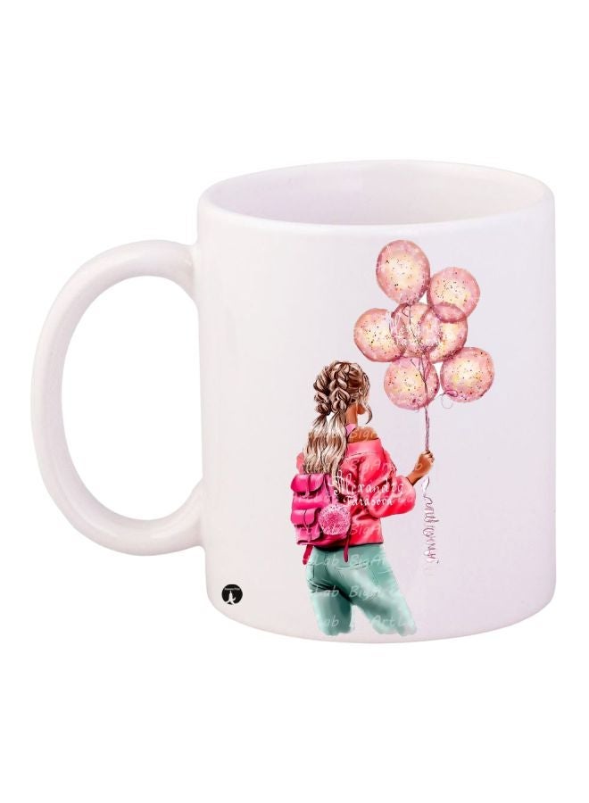 RYN Girl With Balloons Printed Coffee Mug White/Pink/Blue 11ounce