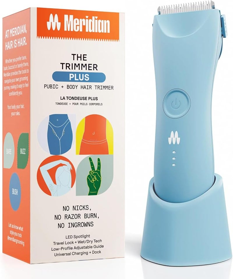 ميريديان 1 ماكينة تشذيب MERIDIAN Trimmer Plus لشعر الجسم والوجه للرجال، مزودة بحاجز قابل للتعديل، شحن عبر منفذ USB-C، مصباح يدوي، قفل سفر، منصة شحن، ماكينة تشذيب للبيكيني، لتشذيب شعر الجسم للرجال (لون السماء) - Image 1
