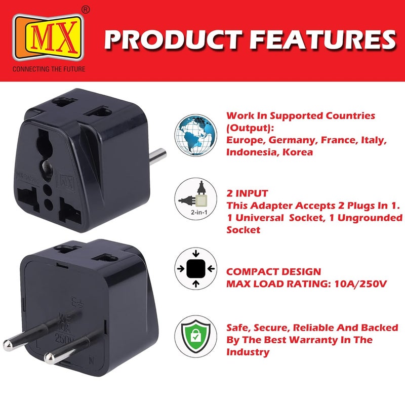 MX Universal Travel Adapter Type C India to Europe Turkey Spain Italy Indonesia Korea More 2 in 1 Conversion Plug for Home and Official use Black Pack of 3 MX3434B3 - Image 5