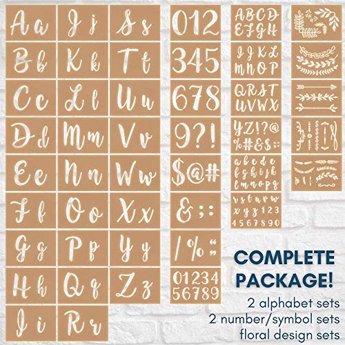 CITRUSY Boutique Calligraphy Stencil Template Kit - 45 Reusable Pieces - Includes Lettering Upper and Lowercase Both Large and Small, Numbers, Punctuation, Laurels and Flowers - for Arts Crafts Painting Wood - Image 2
