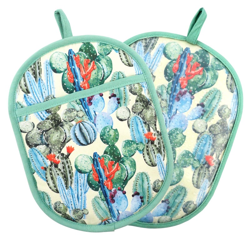 Pot Holders Set of 2 with Transparent Clear Silicone Shell and Nice Cactus Flower Cotton Lining Heat Resistant to 500 F Kitchen Oven Gloves Pot Holder for Cooking Cactus Flower Potholders