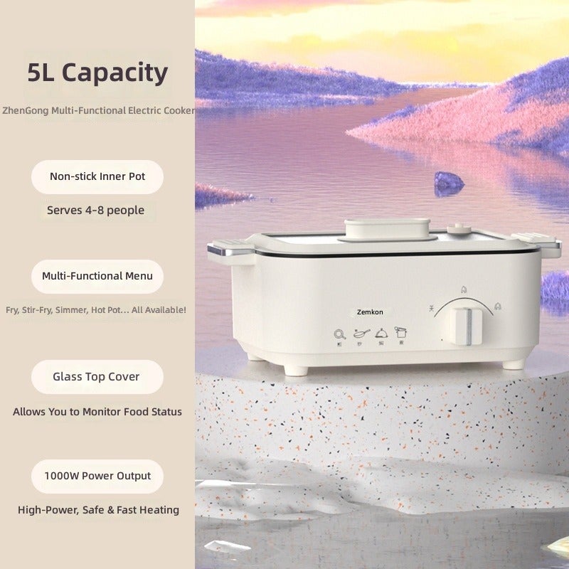 Zemkon 5L Electric Hot Pot & Multifunctional Cooker - Non-Stick, 8cm Deep, Square Design
