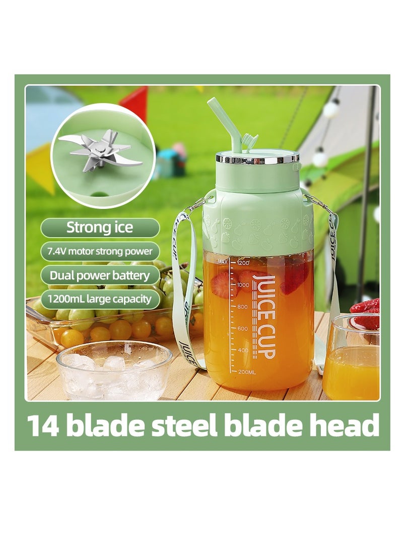 Portable Wireless Juicer Cup, 14 Stainless Steel Blades, with Straw for Direct Drinking, USB Rechargeable Dual Speed, Ice Crushing, Multi-functional Electric Blender for Home, Office, Travel, 1200ML Large Capacity Creative Gift(K3-Green)  - Image 2