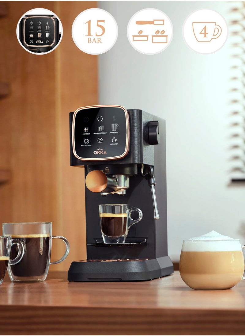arzum okka Solo Espresso Machine Semi Automatic 1628 Watt Pressure15 bar  Capacity: 1.1L liters OK0034-0500 Black/Silver  - Image 2