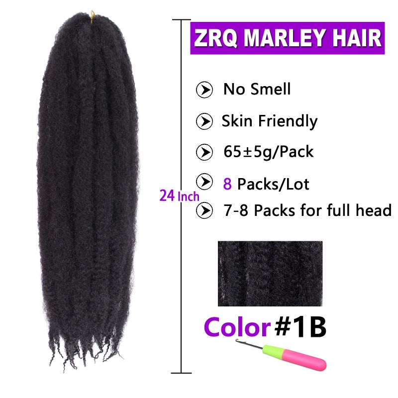 ZRQ 8 Packs Marley Hair Crochet Braids,24 Inch Afro Kinky Marley Braiding Hair, Synthetic Curly Twist Marley Hair, Long Springy Afro Twist Hair Extensions (1B#,8 Packs) - Image 2