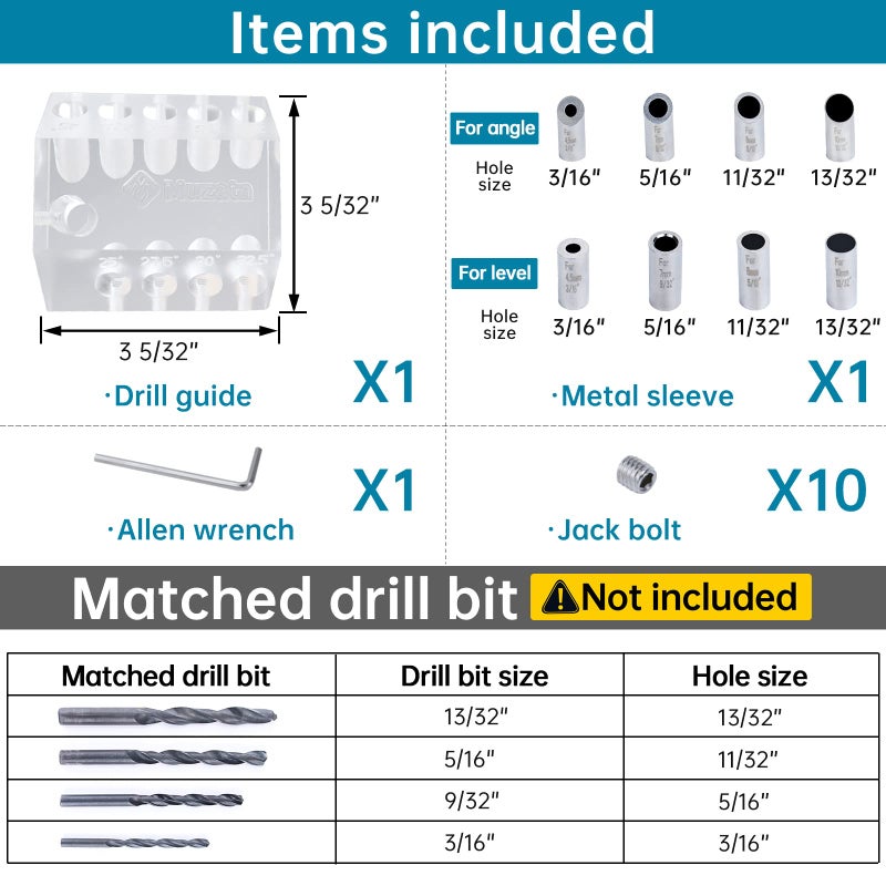 Muzata Upgraded Multi Angle Cable Railing Drill Guide Jig 25 30 35 40 45 90 Degree Portable Drilling Template 4 Sizes for Horizontal Angle Wood Post 3/16 1/8 Cable Railing Hardware Kit Tool CT19 - Image 2