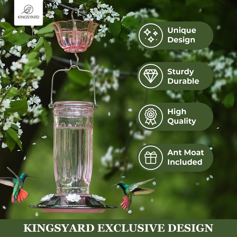 Kingsyard Glass Hummingbird Feeder for Outdoors Wild Bird Feeder with 6 Feeding Ports Hanging for Garden Yard, Pink (Ant Moat Included) - Image 2