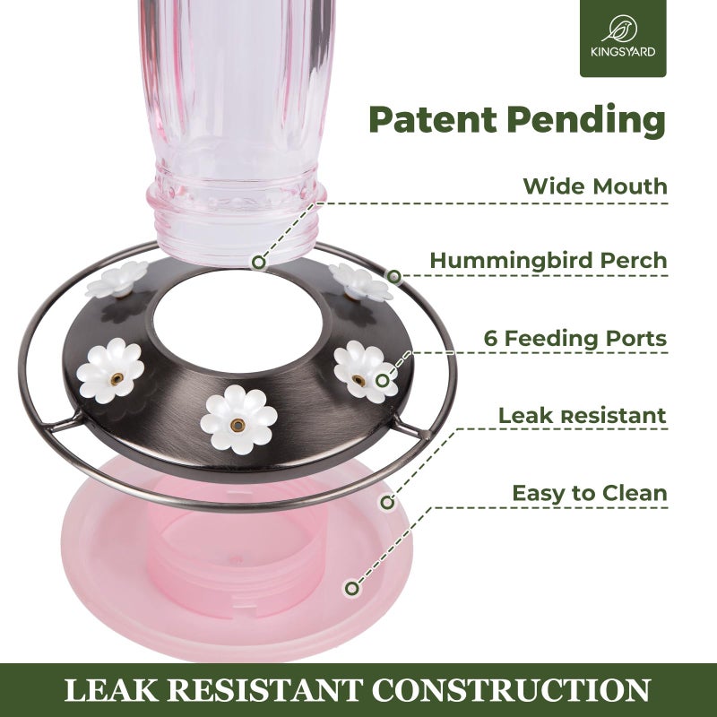 Kingsyard Glass Hummingbird Feeder for Outdoors Wild Bird Feeder with 6 Feeding Ports Hanging for Garden Yard, Pink (Ant Moat Included) - Image 3