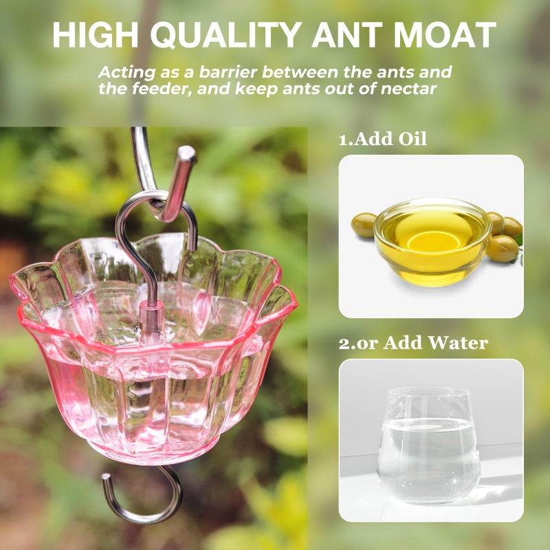 Kingsyard Glass Hummingbird Feeder for Outdoors Wild Bird Feeder with 6 Feeding Ports Hanging for Garden Yard, Pink (Ant Moat Included) - Image 4