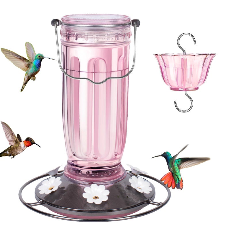 Kingsyard Glass Hummingbird Feeder for Outdoors Wild Bird Feeder with 6 Feeding Ports Hanging for Garden Yard, Pink (Ant Moat Included) - Image 1