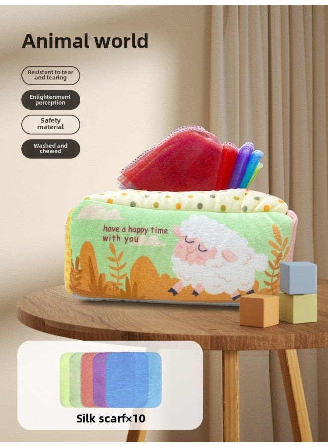 Baby Tissue Toy Tissue Box 0-1 Years Old Baby Early Education Tear-proof Finger Exercise Ringing Paper Biting Toy-Color:Animal World Tissue Box ]  - Image 1