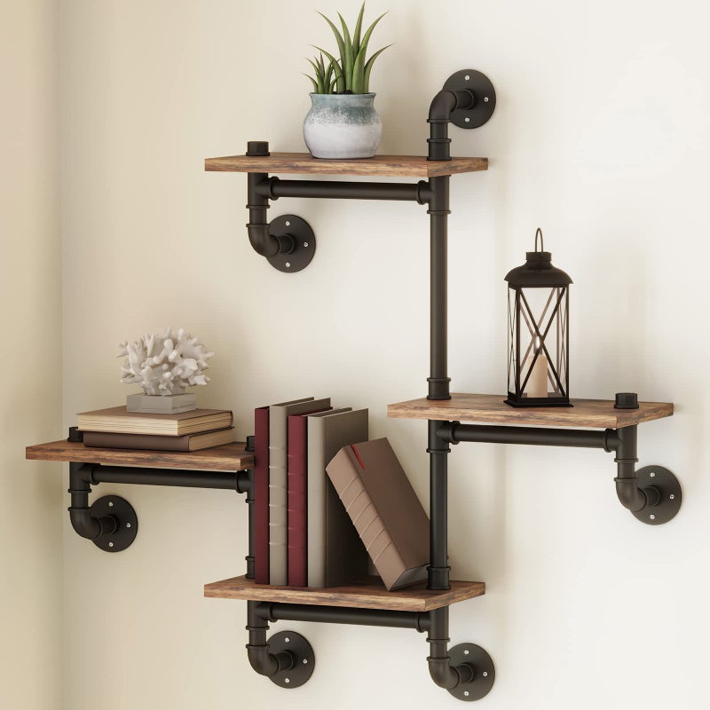 MAIKAILUN Industrial Floating Pipe Wall Mounted Shelves Rustic Modern Wood Shelving Bookcase 4 Layer Ladder Hanging Bookshelf for Home Bathroom Office Kitchen DecorD