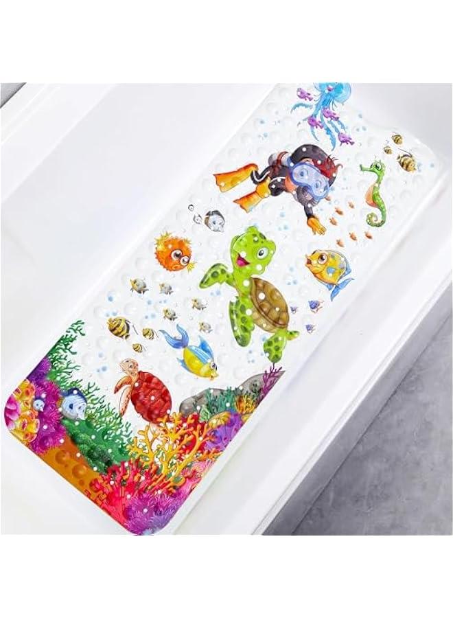 HOOKOR Durku Baby Bath Mat for Tub for Kids, 40 X 16 Inch Non Slip Cartoon Bath Tub Shower Mat Anti Slip with Drain Holes and Suction Cups Machine Washable (Turtle) - Image 1