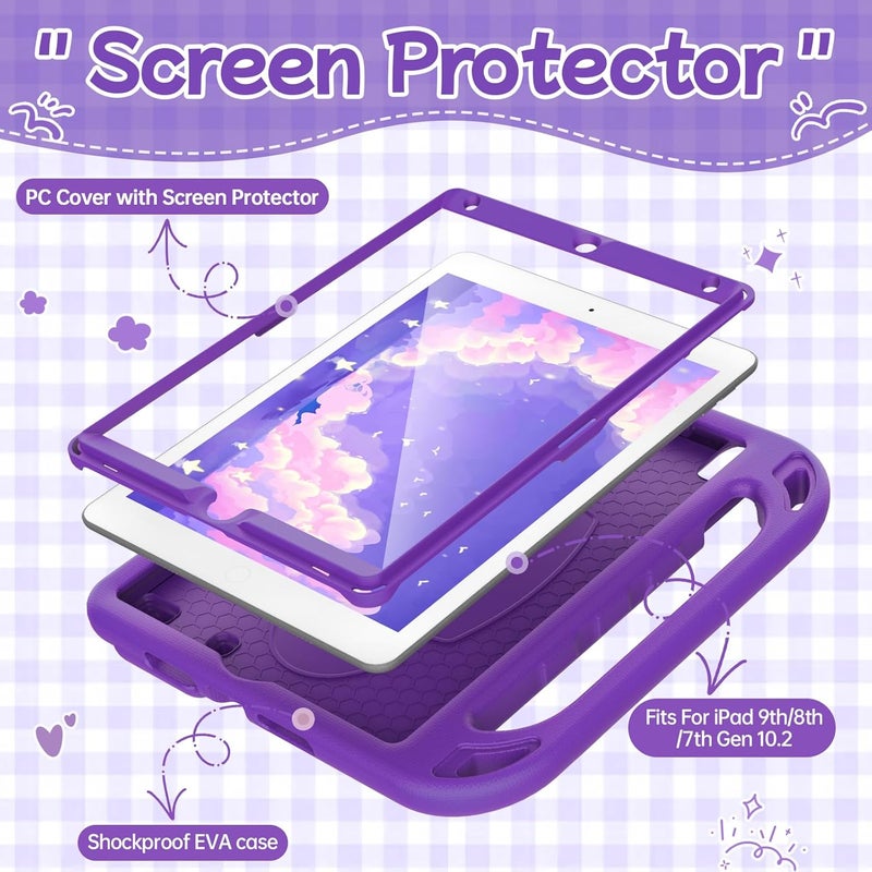 BMOUO Kids Case for iPad 9th/8th/7th Generation (iPad 10.2 inch, 2021/2020/2019), with Built-in Screen Protector, Shockproof Handle Stand iPad 9th 8th 7th Generation Case for Kids, Purple - Image 3