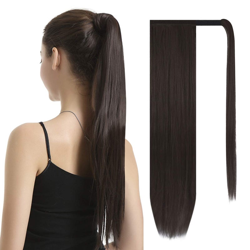 BARSDAR Darkest Brown Straight Wrap Ponytail Extension - 26 Inch Long Straight Wrap Around Ponytails for Women, Clip in Ponytail Hair Extensions Synthetic Brown Pony Tails Hairpieces Daily - Image 1