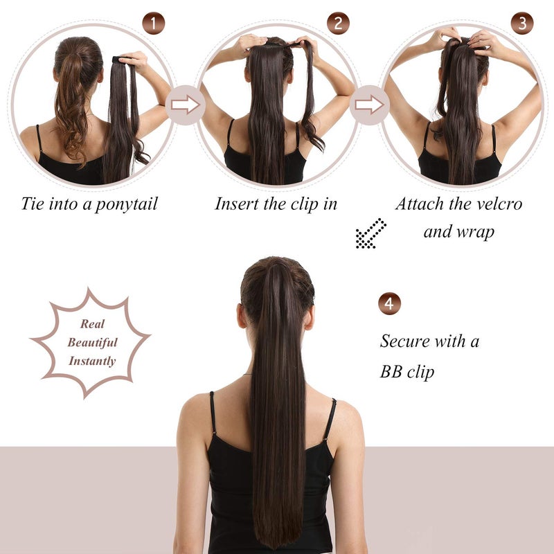 BARSDAR Darkest Brown Straight Wrap Ponytail Extension - 26 Inch Long Straight Wrap Around Ponytails for Women, Clip in Ponytail Hair Extensions Synthetic Brown Pony Tails Hairpieces Daily - Image 4