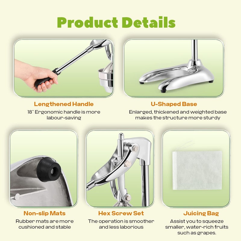 Luzrise Manual Juicer Hand Press Professional Citrus Juicer Countertop Metal Orange Lemon Pomegranate Squeezer for Commercial Home Restaurant Use Stainless Steel Heavy Duty Extra Large 7498193 MANUAL JUICER SILVER - Image 5