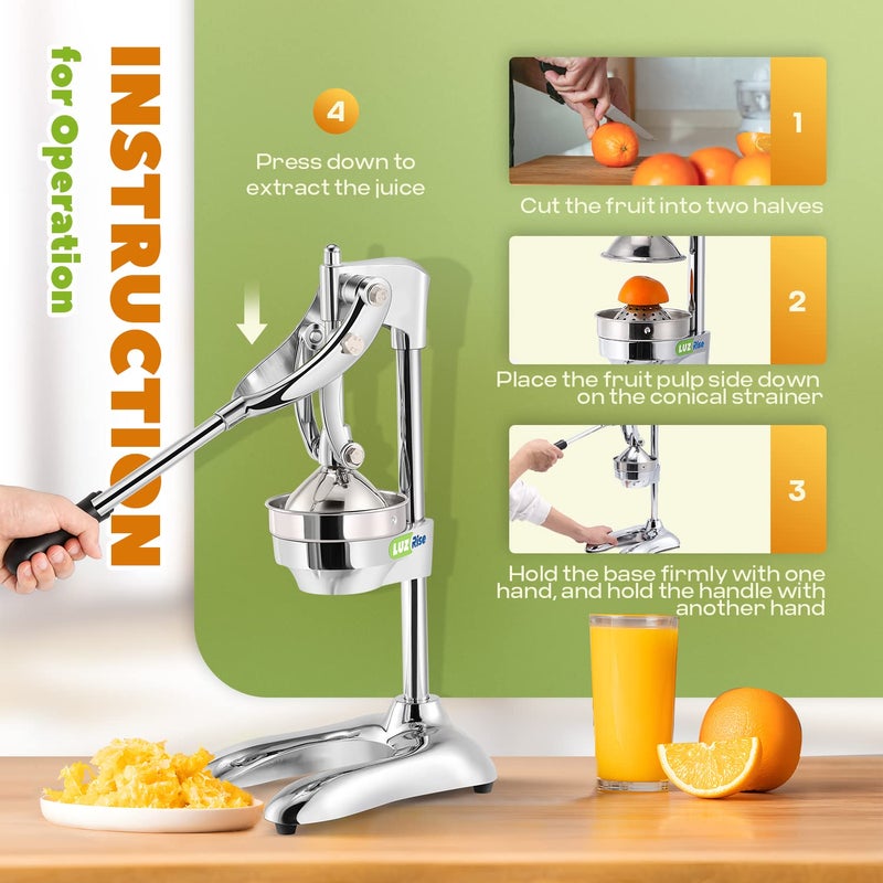 Luzrise Manual Juicer Hand Press Professional Citrus Juicer Countertop Metal Orange Lemon Pomegranate Squeezer for Commercial Home Restaurant Use Stainless Steel Heavy Duty Extra Large 7498193 MANUAL JUICER SILVER - Image 3
