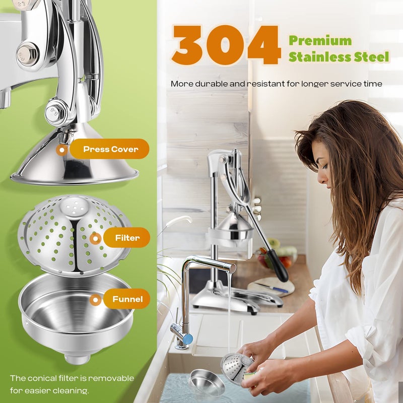 Luzrise Manual Juicer Hand Press Professional Citrus Juicer Countertop Metal Orange Lemon Pomegranate Squeezer for Commercial Home Restaurant Use Stainless Steel Heavy Duty Extra Large 7498193 MANUAL JUICER SILVER - Image 2
