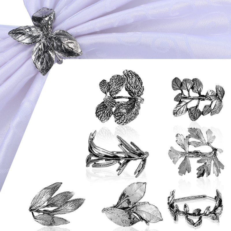 Cunhill 8 Pieces Herb Napkin Rings Set Vintage Leaf Napkin Holders Rings Glossy Holder Adornment Metal Table for Graduation Holidays Wedding Graduation Party Decor Everyday UseSilver