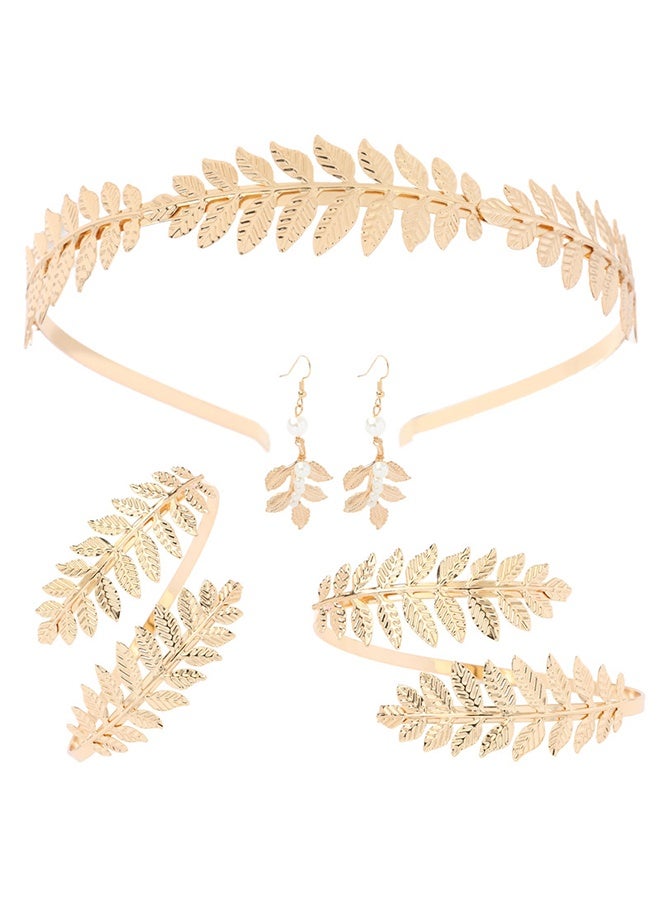 GIFT 5Pcs Greek Goddess Costume Accessories Set Golden Leaf Crown Headband Upper Armband Bracelets Dangle Earrings for Women Bridal Wedding Headpiece - Image 1