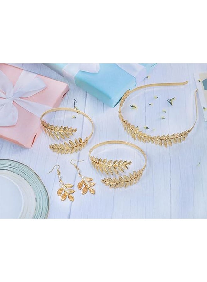 GIFT 5Pcs Greek Goddess Costume Accessories Set Golden Leaf Crown Headband Upper Armband Bracelets Dangle Earrings for Women Bridal Wedding Headpiece - Image 2