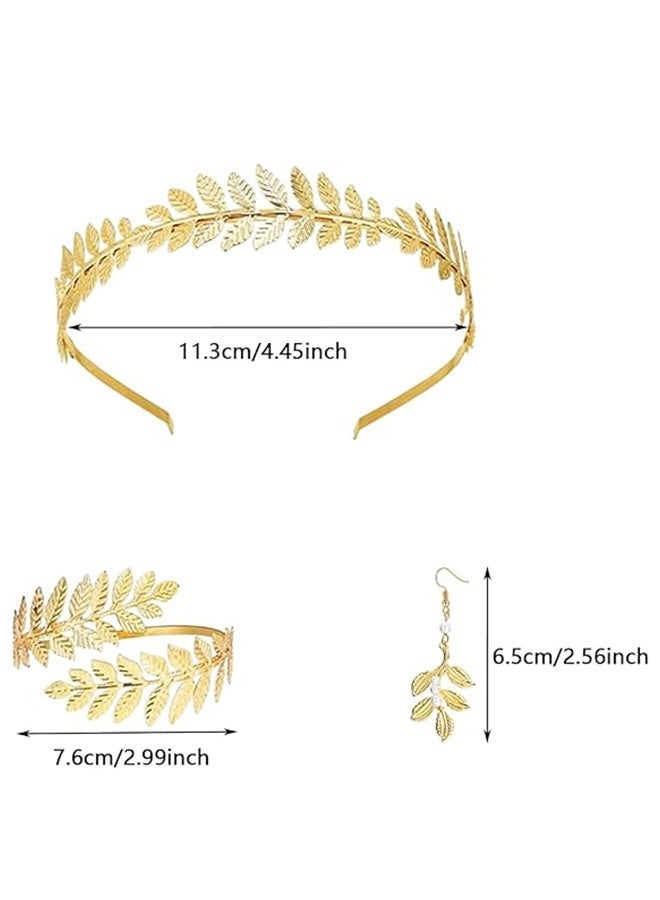 GIFT 5Pcs Greek Goddess Costume Accessories Set Golden Leaf Crown Headband Upper Armband Bracelets Dangle Earrings for Women Bridal Wedding Headpiece - Image 4