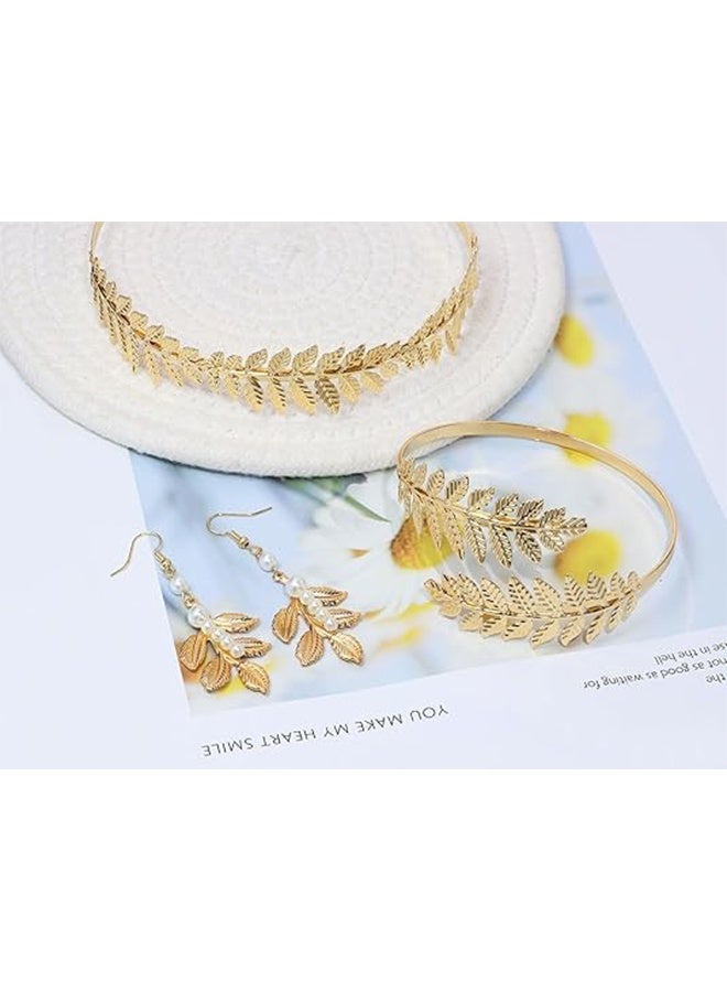 GIFT 5Pcs Greek Goddess Costume Accessories Set Golden Leaf Crown Headband Upper Armband Bracelets Dangle Earrings for Women Bridal Wedding Headpiece - Image 5