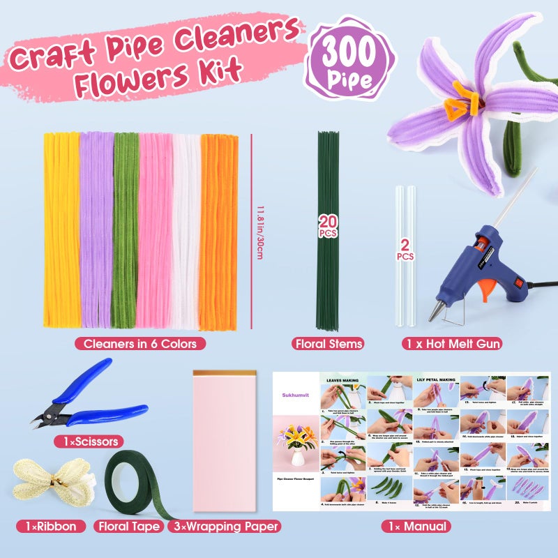 Sukhumvit 330Pcs Pipe Cleaners Crafts, Pipe Cleaner Lilies Flower Kit with Instructions, Hot Melt Gun & Floral Wires, 6 Colors Chenille Stems to DIY Flowers for Valentine's Day, Holiday Gifts & Home Decors - Image 2