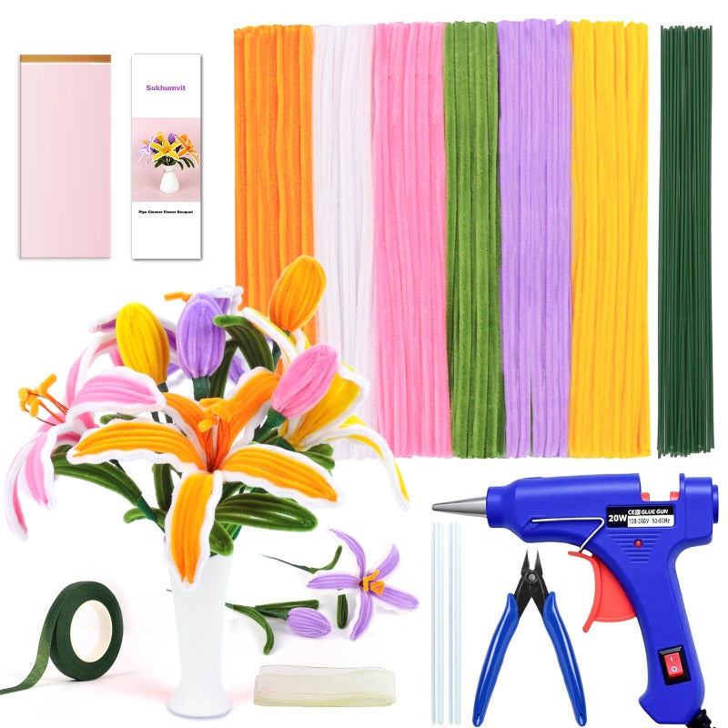 Sukhumvit 330Pcs Pipe Cleaners Crafts, Pipe Cleaner Lilies Flower Kit with Instructions, Hot Melt Gun & Floral Wires, 6 Colors Chenille Stems to DIY Flowers for Valentine's Day, Holiday Gifts & Home Decors - Image 1