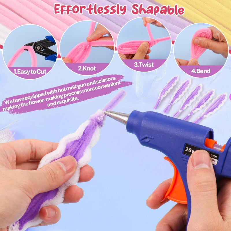 Sukhumvit 330Pcs Pipe Cleaners Crafts, Pipe Cleaner Lilies Flower Kit with Instructions, Hot Melt Gun & Floral Wires, 6 Colors Chenille Stems to DIY Flowers for Valentine's Day, Holiday Gifts & Home Decors - Image 5