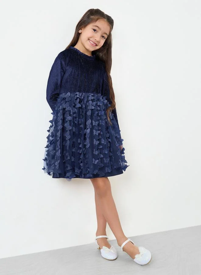 Styli Girls Navy Blue Butterfly Long Sleeve Dress