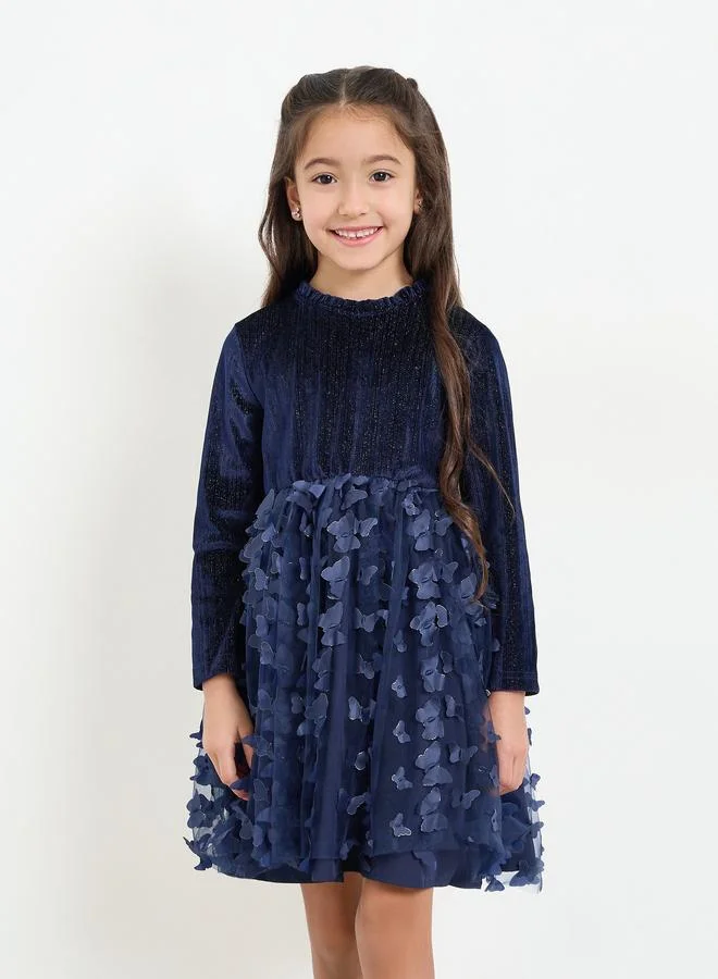Styli Girls Navy Blue Butterfly Long Sleeve Dress