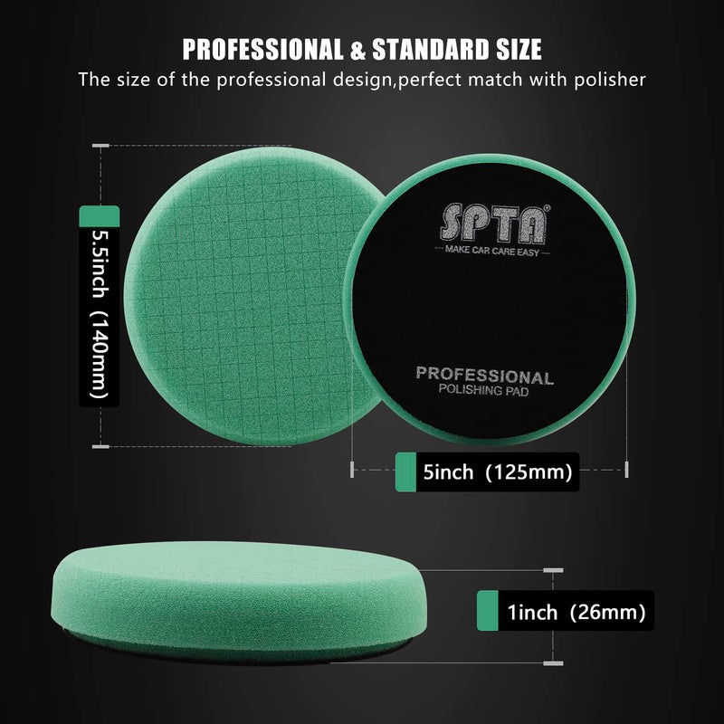SPTA Green T120 Heavy-Cut Foam Polishing Pad, 3Pc 5.5 Inch Buffing Polishing Pads for 125mm Backing Plate Compound Buffing Sponge for Car Buffer Polisher Compounding, Polishing and Waxing -FPTSS5G-3 - Image 2
