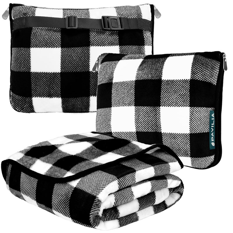 PAVILIA PAVILIA Travel Blanket Pillow Soft Airplane Blanket 2in1 Combo Set Plane Blanket Compact Packable Flight Essentials Car Pillow Travelers Gifts Accessories Backpack Strap 60x43 Checker White 