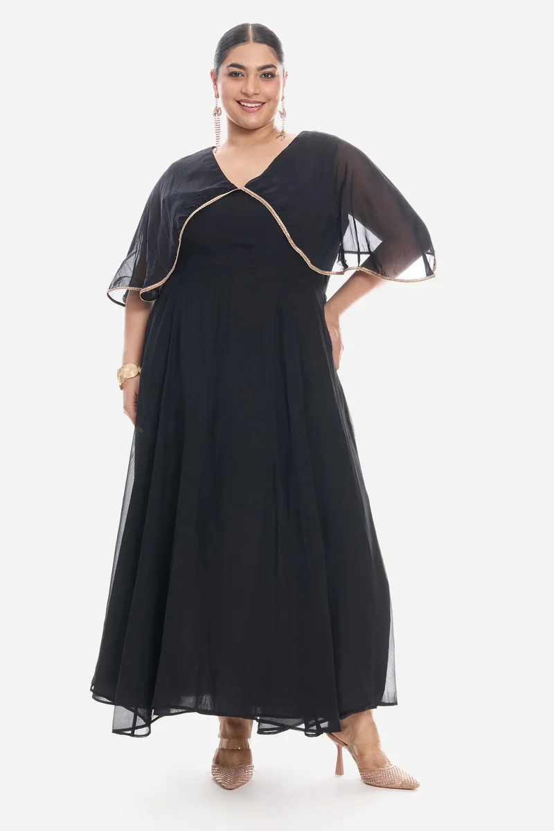 فيرجيو Solid Viscose V Neck Laced Cape Plus Size Dress for Women