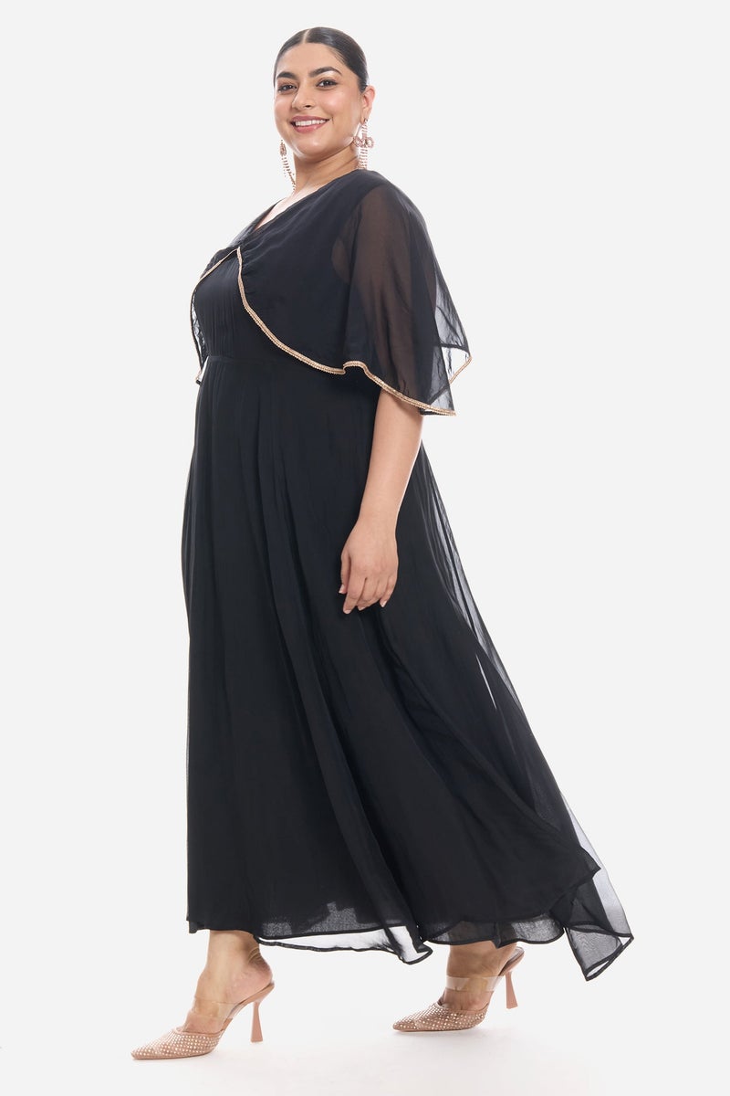 Virgio Solid Viscose V Neck Laced Cape Plus Size Dress for Women - Image 3