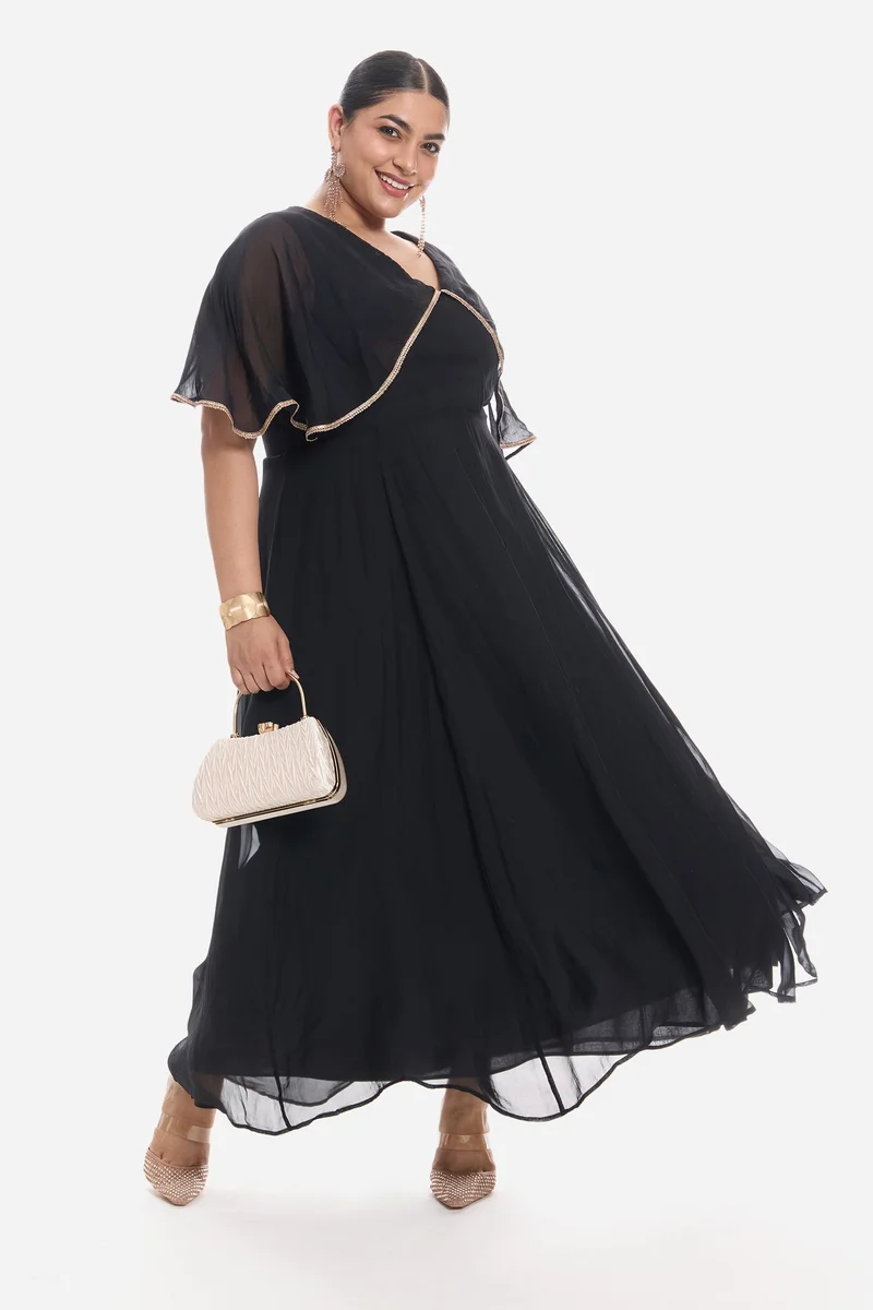 فيرجيو Solid Viscose V Neck Laced Cape Plus Size Dress for Women
