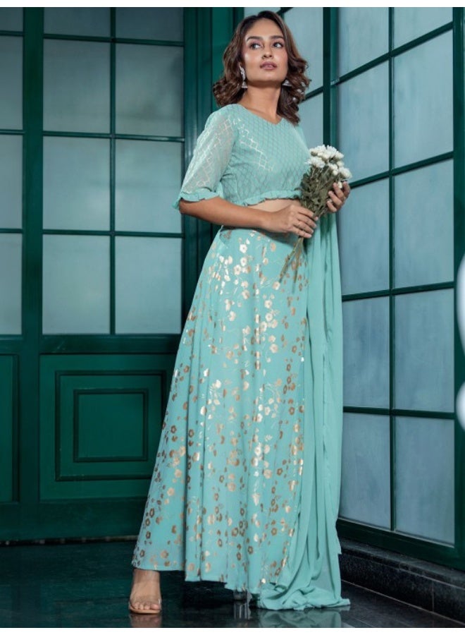 أيه كيه إس طقم لينجا تشولي ودوباتا بطبعة ذهبية باللون الأخضر النعناعي - Image 3