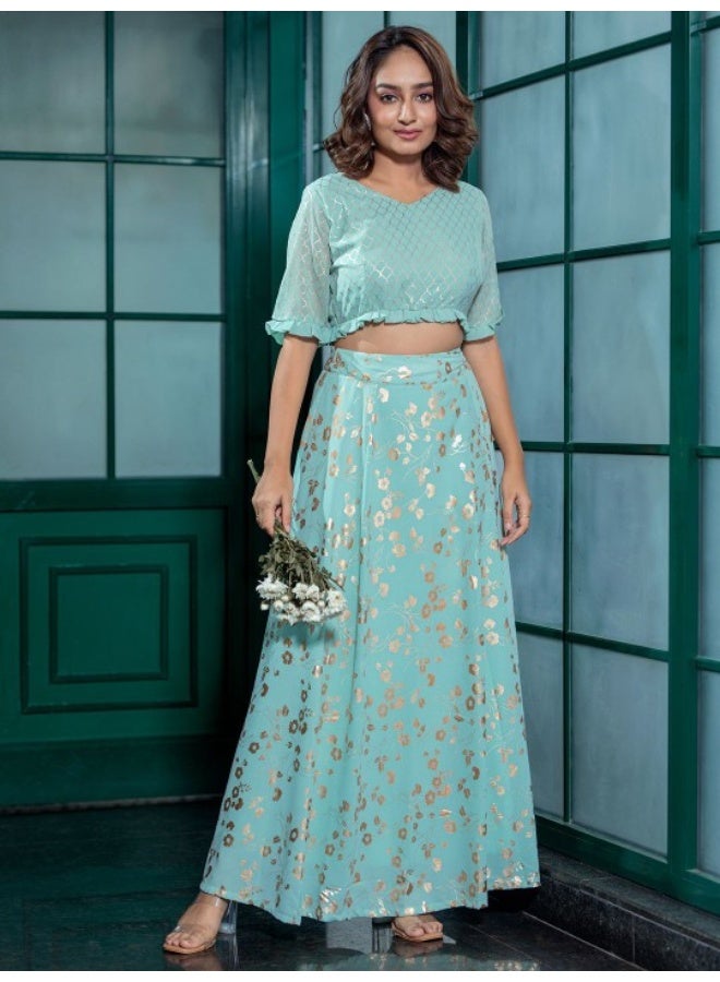 أيه كيه إس طقم لينجا تشولي ودوباتا بطبعة ذهبية باللون الأخضر النعناعي - Image 1