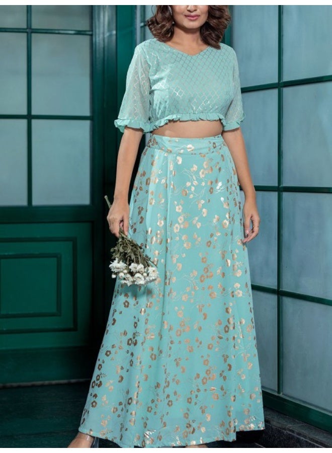 أيه كيه إس طقم لينجا تشولي ودوباتا بطبعة ذهبية باللون الأخضر النعناعي - Image 2