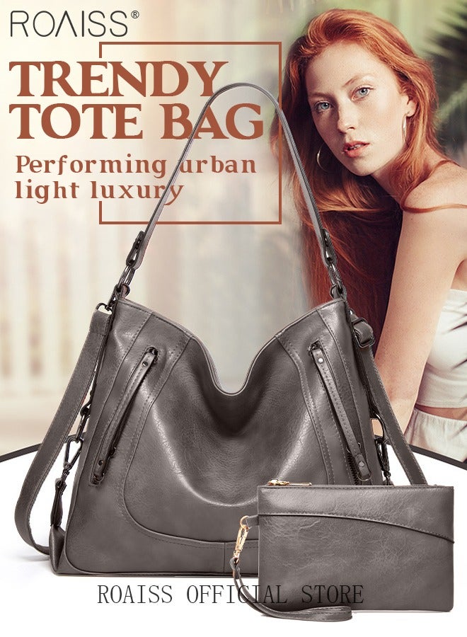 roaiss Large Crossbody Bags Ladies Shoulder Handbags Purse Set for Women Hobo Totes PU Leather Purses and Handbags Shoulder Bag Vegan Leather Tote Grey Adjustable Waterproof Daypack  - Image 1