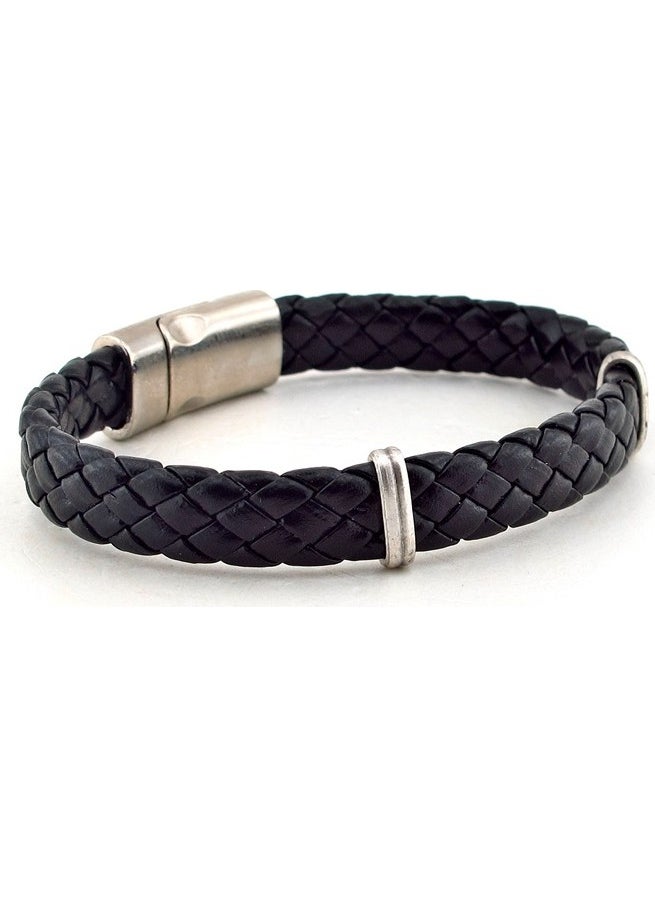 Black Leather Men's Bracelet with Metal Clip Bx322
