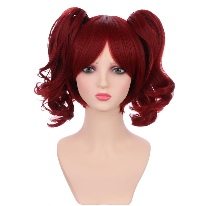 Red Wig for Kids Girls Short Red Wig with Bangs Child Dark Red Ponytails Wig Include 2 Detachable Buns with Clips Synthetic Wig with Wig CapRed