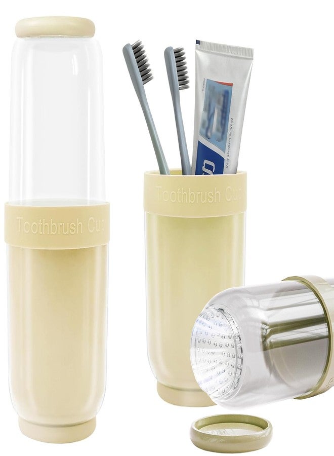 MYLDH Breathable Toothbrush Travel Case, 2 in 1 Portable Travel Toothbrush Holder and Mouthwash Cup, Large Capacity Toothbrush Cup with Lid for School, Camping, Business Trip, Bathroom, Cruise (Beige) - Image 1