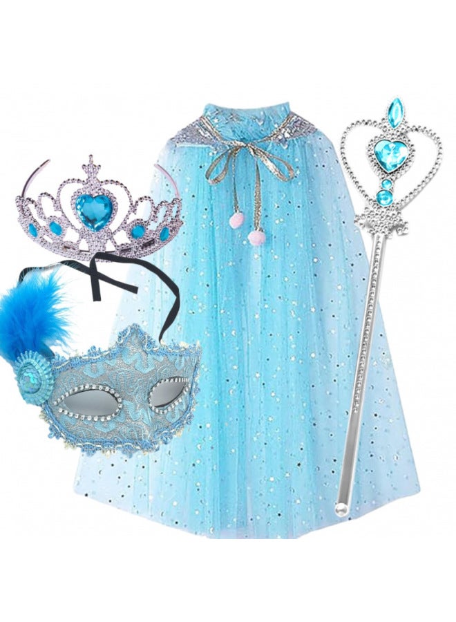 Loquat Aisha Cloak Suit  Performance Clothes Children's Glow Dress Year Toys Gifts For Kids-Color:Blue Cloak + Crown + Mask + Diamond Heart Stick - Image 1