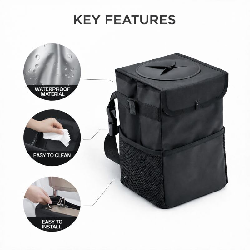 YOURKARTS.COM Car Car Hanging Trash Can with Lid | Waterproof Car Garbage Bin with Storage Pockets | Leakproof Foldable Waste Container for Backseat & Front Seat | Car Organizer for Trash & Essentials - Image 4