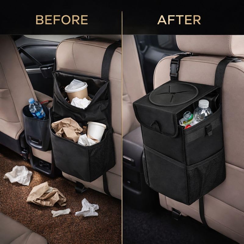 YOURKARTS.COM Car Car Hanging Trash Can with Lid | Waterproof Car Garbage Bin with Storage Pockets | Leakproof Foldable Waste Container for Backseat & Front Seat | Car Organizer for Trash & Essentials - Image 2